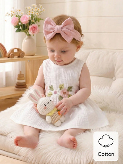 0-12M Newborn Baby Girls' Sleeveless Cotton Floral Embroidered Dress Cute Summer Light Pink Infant Outfits Wedding Guest Christening Party Clothes