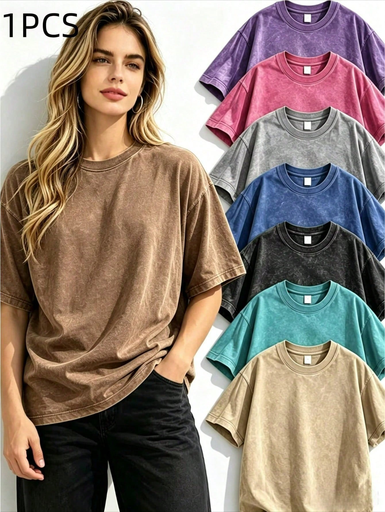 0-5XLSoft Acid Wash Cotton Women Oversized Crew Neck Short Sleeve Tee, Vintage Solid Casual Summer Tops Daily Beach Vacation Multi Color Availabl
