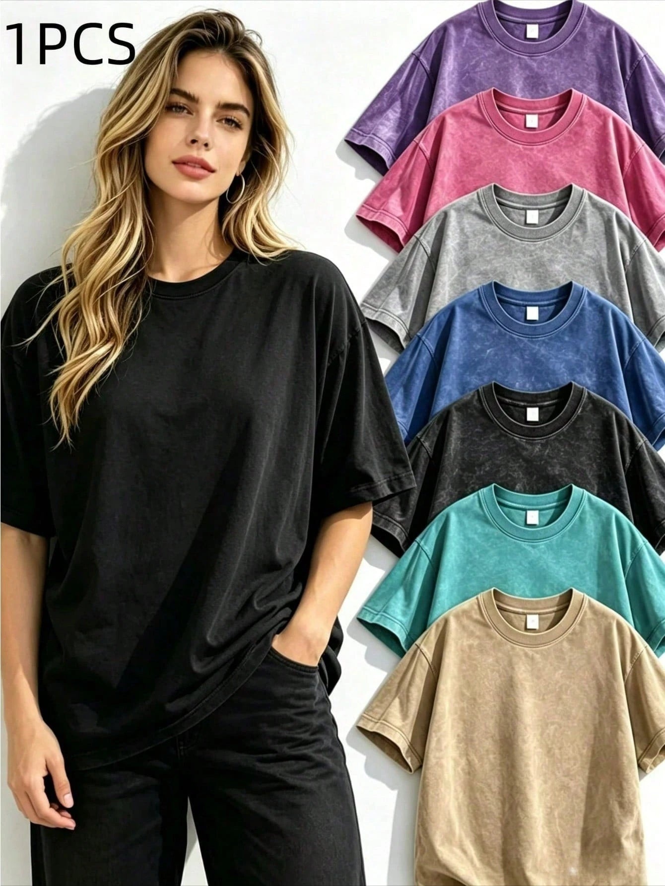 0-5XLSoft Acid Wash Cotton Women Oversized Crew Neck Short Sleeve Tee, Vintage Solid Casual Summer Tops Daily Beach Vacation Multi Color Availabl