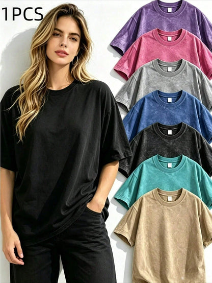 0-5XLSoft Acid Wash Cotton Women Oversized Crew Neck Short Sleeve Tee, Vintage Solid Casual Summer Tops Daily Beach Vacation Multi Color Availabl
