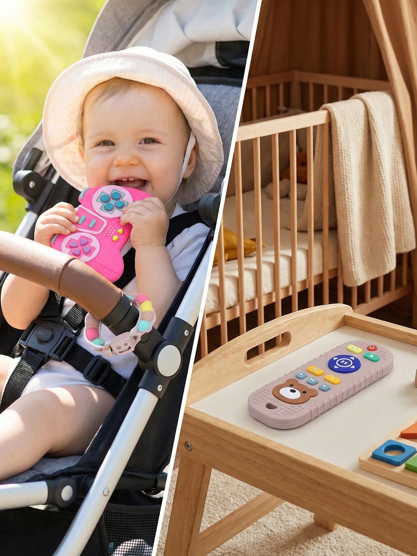 0-6 Months Baby Teething Toys 2pcs Set, Bear Remote Control And Game Handle Shaped Silicone Montessori Gifts