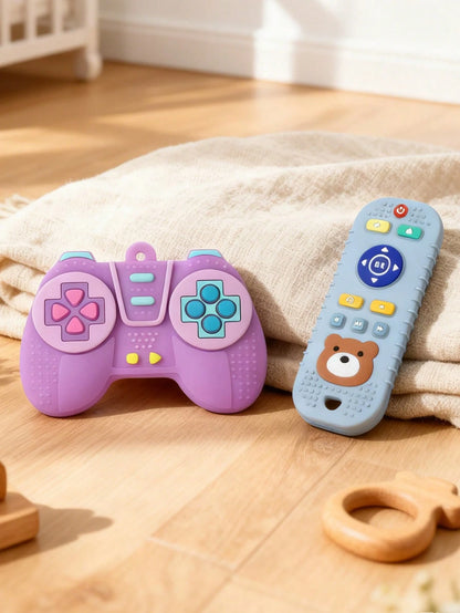 0-6 Months Baby Teething Toys 2pcs Set, Bear Remote Control And Game Handle Shaped Silicone Montessori Gifts