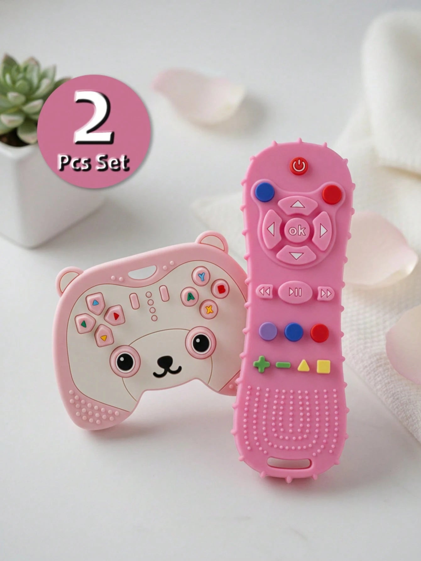 0-6 Months Baby Teething Toys 2pcs Set, Bear Remote Control And Game Handle Shaped Silicone Montessori Gifts