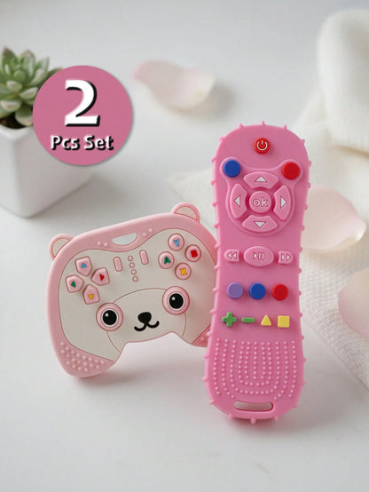 0-6 Months Baby Teething Toys 2pcs Set, Bear Remote Control And Game Handle Shaped Silicone Montessori Gifts