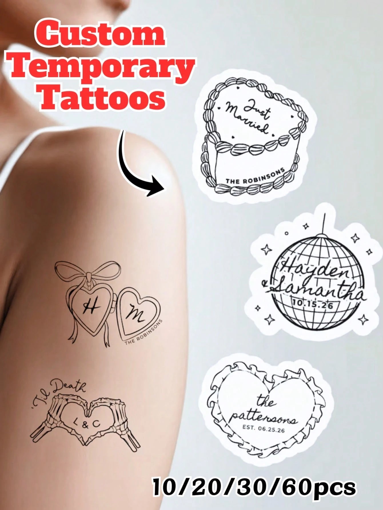 1/10/20/30/60/90/120/150pcs Optional, Wedding Favor Tattoo Stickers, Temporary Tattoo Stickers, Couple Customized Tattoo Stickers, Till Death Do Us Part Party Favors, Bachelorette Party Temporary Stic