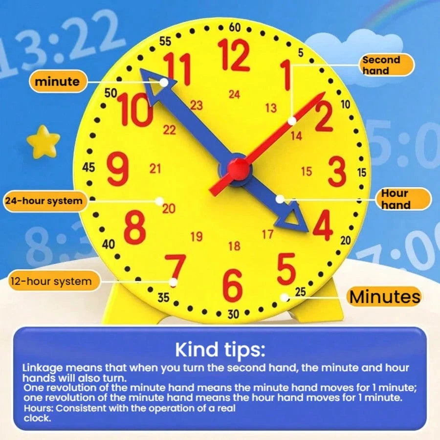 1/2/3/5pcs. Learning Clock- Blue, Pink, Yellow Clock Model Set, With Three-Hand Connection, For Time Recognition, Educational Tool For Hours, Minutes, Seconds Recognition, Colorful Clock Teaching Aid