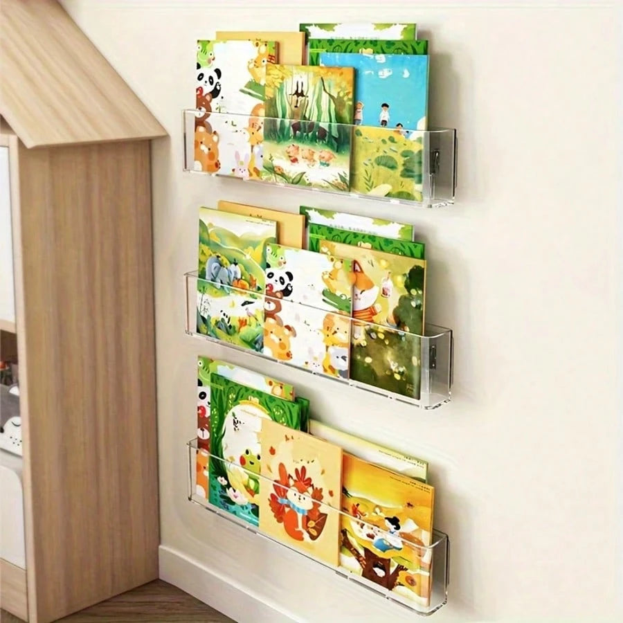 1/2/3pcs Wall-Mounted Book Storage Rack, Baby Bookshelf, With Adhesive Backing, Bedroom Storage, Children's Book Display And Storage