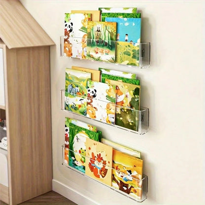 1/2/3pcs Wall-Mounted Book Storage Rack, Baby Bookshelf, With Adhesive Backing, Bedroom Storage, Children's Book Display And Storage