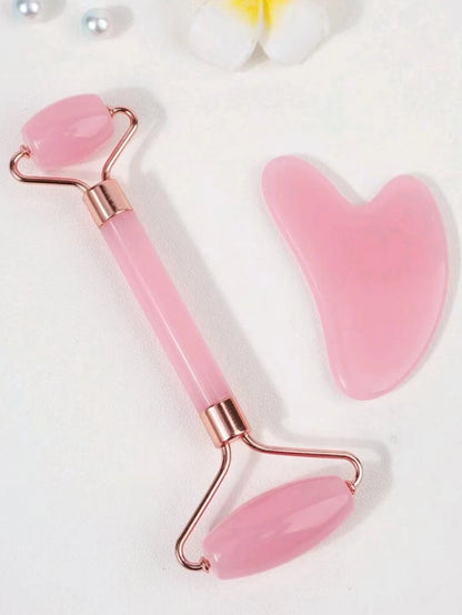 1/2 Pc Facial Massage Tool Set, Resin Material, Includes Roller Massager & Gua Sha Board, For Body & Back, Available In Pink/White, Beauty Accessories