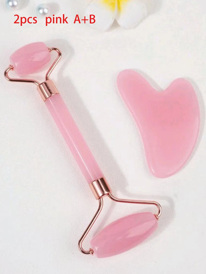 1/2 Pc Facial Massage Tool Set, Resin Material, Includes Roller Massager & Gua Sha Board, For Body & Back, Available In Pink/White, Beauty Accessories