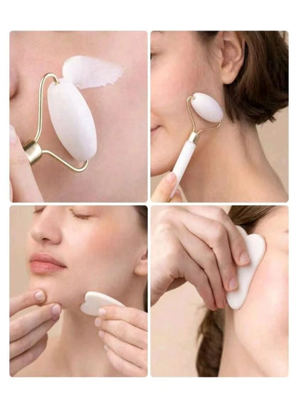 1/2 Pc Facial Massage Tool Set, Resin Material, Includes Roller Massager & Gua Sha Board, For Body & Back, Available In Pink/White, Beauty Accessories