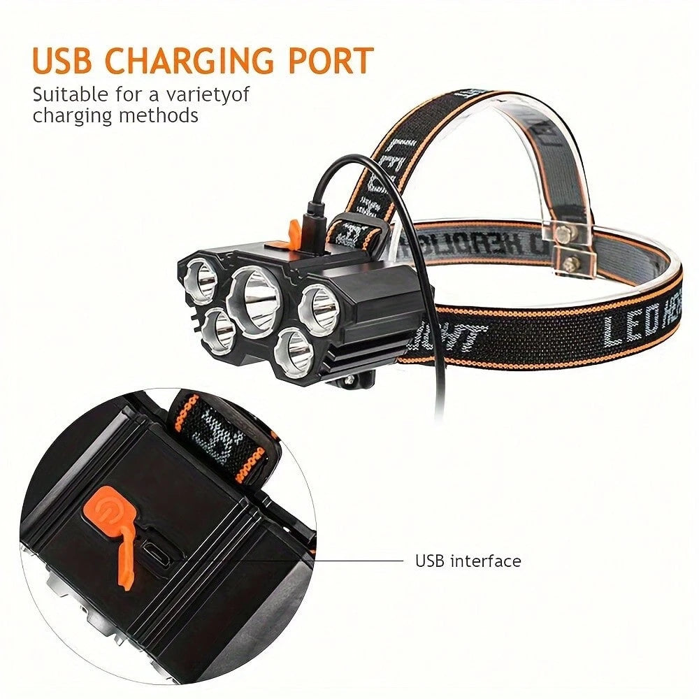 1/2 Piece Rechargeable Headlamp 5 LED High-Brightness Headlamp, Lightweight USB Headlamp, 4 Modes, Suitable For Outdoor Running, Hunting, Hiking, Camping, Repair, Work, Decoration And Maintenance.