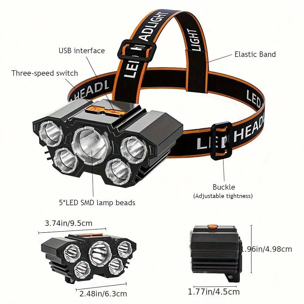 1/2 Piece Rechargeable Headlamp 5 LED High-Brightness Headlamp, Lightweight USB Headlamp, 4 Modes, Suitable For Outdoor Running, Hunting, Hiking, Camping, Repair, Work, Decoration And Maintenance.