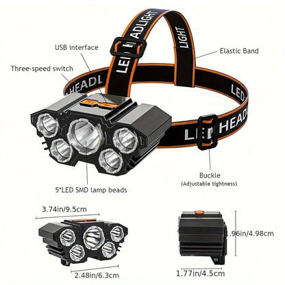 1/2 Piece Rechargeable Headlamp 5 LED High-Brightness Headlamp, Lightweight USB Headlamp, 4 Modes, Suitable For Outdoor Running, Hunting, Hiking, Camping, Repair, Work, Decoration And Maintenance.