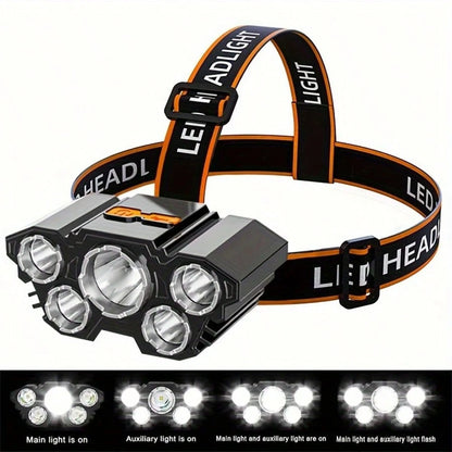 1/2 Piece Rechargeable Headlamp 5 LED High-Brightness Headlamp, Lightweight USB Headlamp, 4 Modes, Suitable For Outdoor Running, Hunting, Hiking, Camping, Repair, Work, Decoration And Maintenance.
