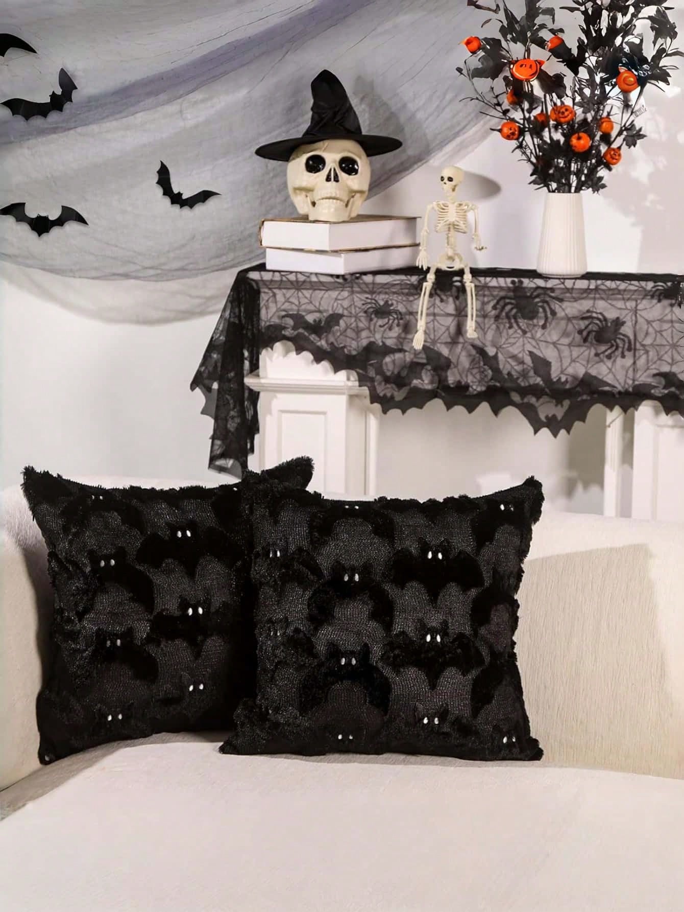 1/2pcs 3D Plush Bat Pillow Case, Gothic Dark Halloween Witch Theme Decorative Cushion Cover, 18" X 18", Suitable For Living Room Sofa Bedroom Halloween Decoration, Pillow Insert Not Included