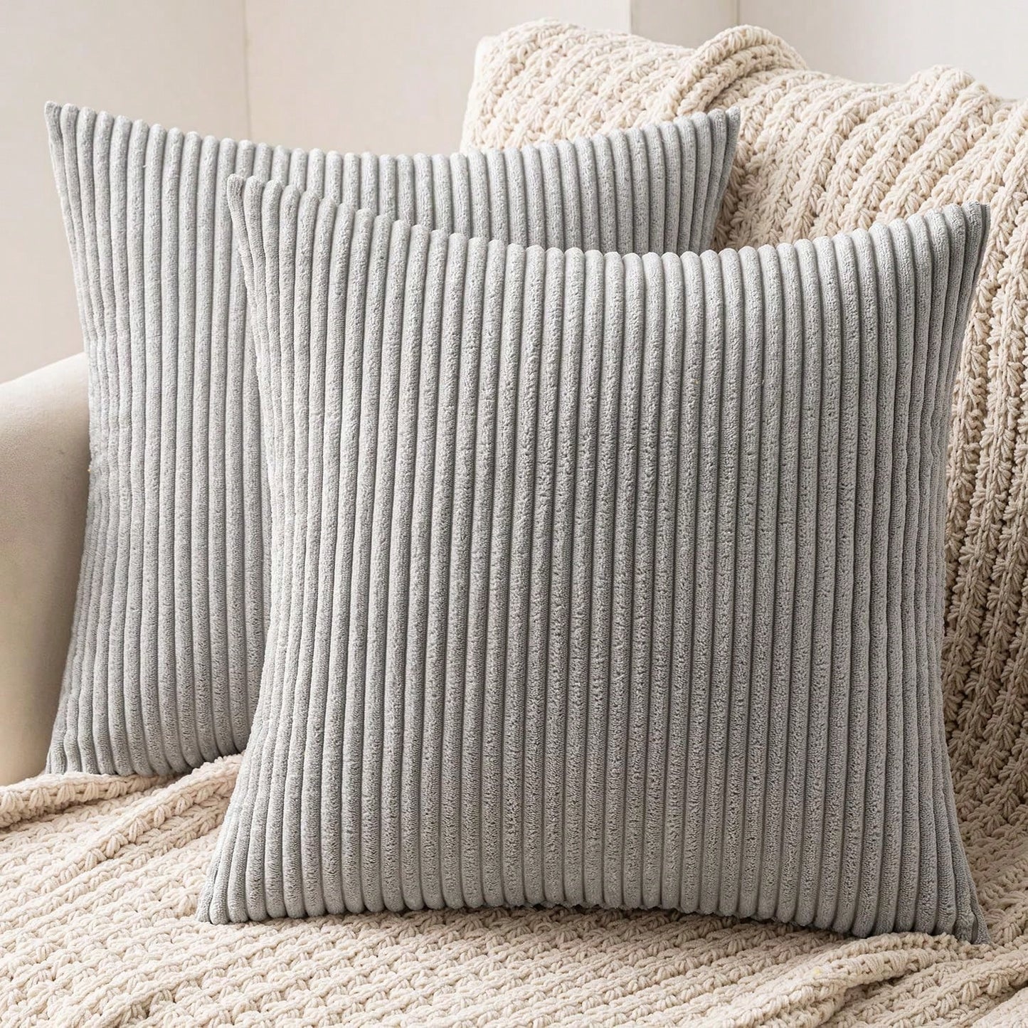 1/2pcs Decorative Pillow Cover, Light Grey Corduroy Striped Pattern, Decorative Throw Pillow Cushion Cover, For Sofa, Office, Living Room