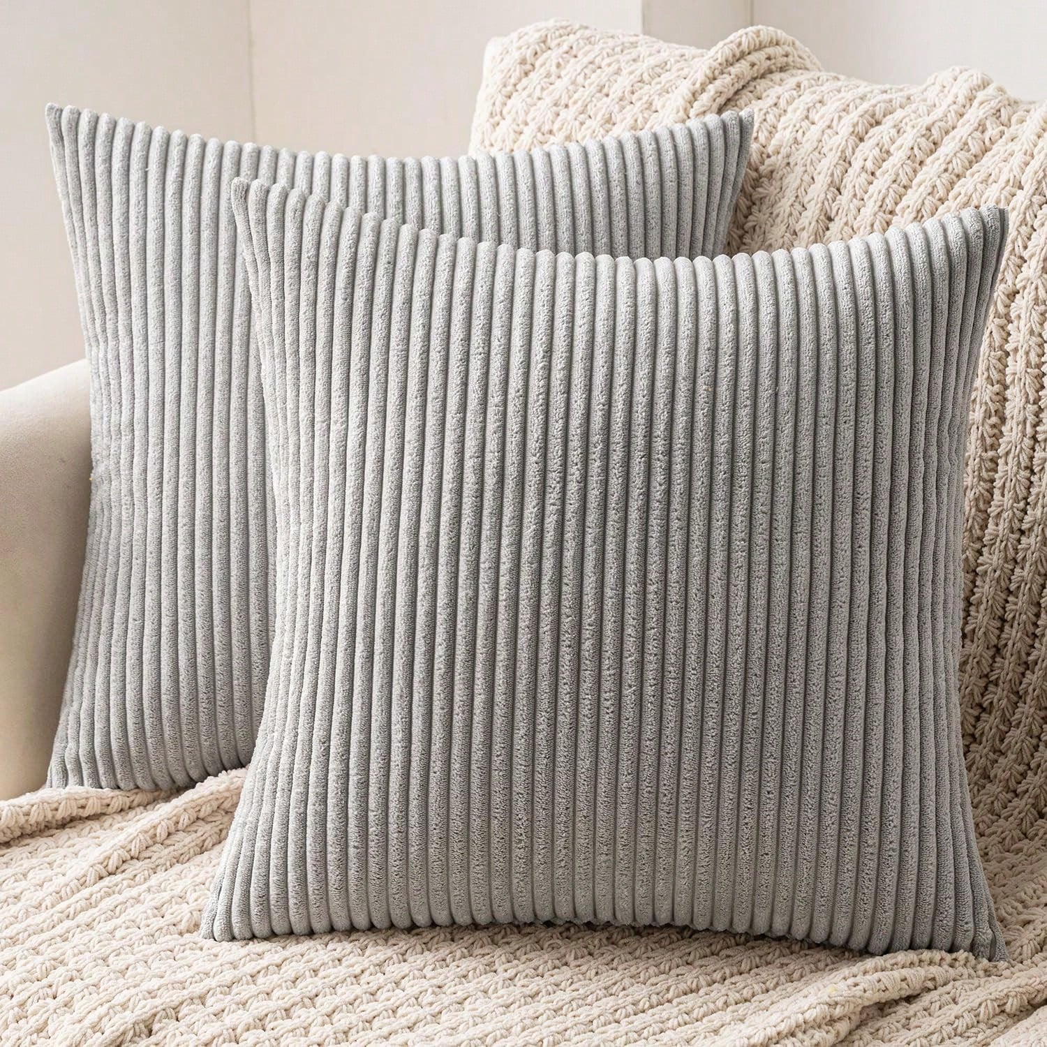 1/2pcs Decorative Pillow Cover, Light Grey Corduroy Striped Pattern, Decorative Throw Pillow Cushion Cover, For Sofa, Office, Living Room