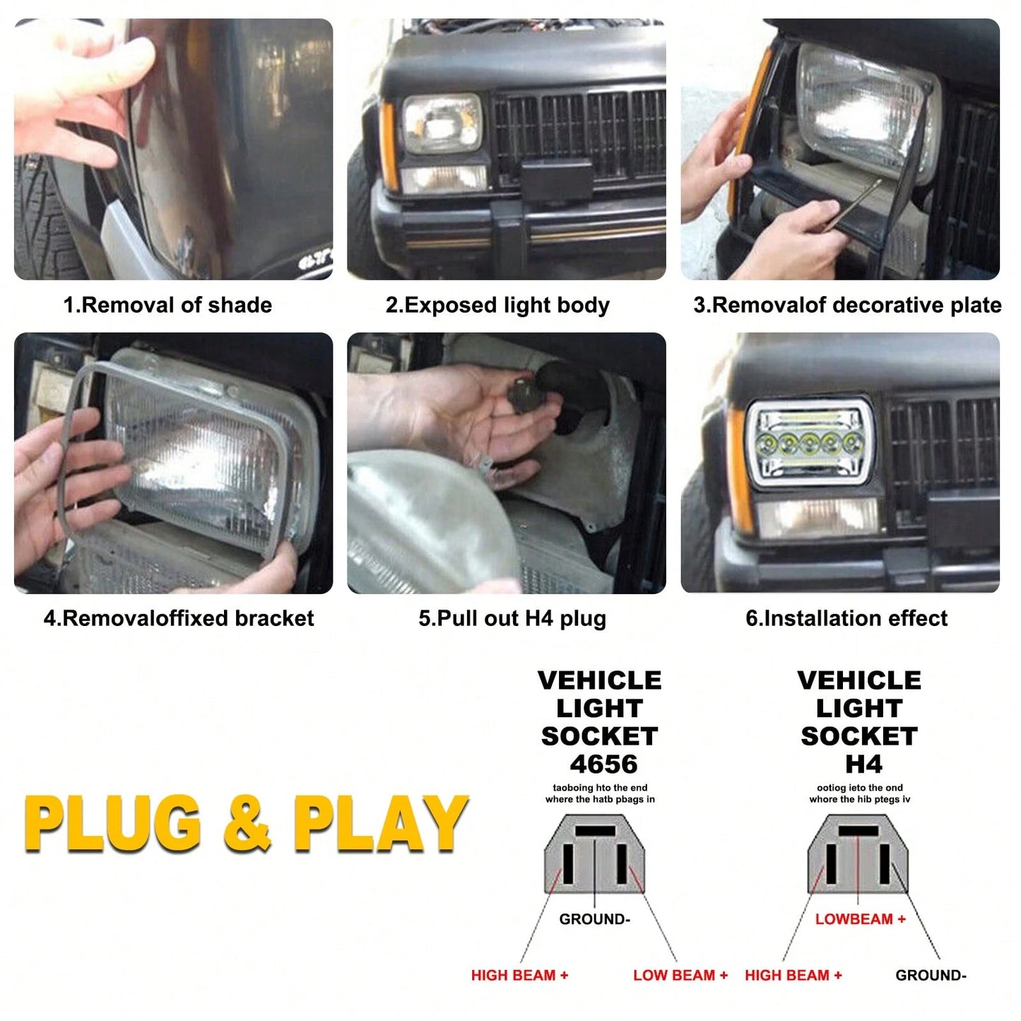 1/2PCS Rectangle H6054 LED Headlights 7x6 Headlamp Hi/Low Sealed Beam H4 9003 Plug 6054 H5054 Compatible With S10 Blazer Express Van/Wra Ngler YJ XJ Cherokee Truck Van