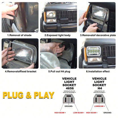 1/2PCS Rectangle H6054 LED Headlights 7x6 Headlamp Hi/Low Sealed Beam H4 9003 Plug 6054 H5054 Compatible With S10 Blazer Express Van/Wra Ngler YJ XJ Cherokee Truck Van