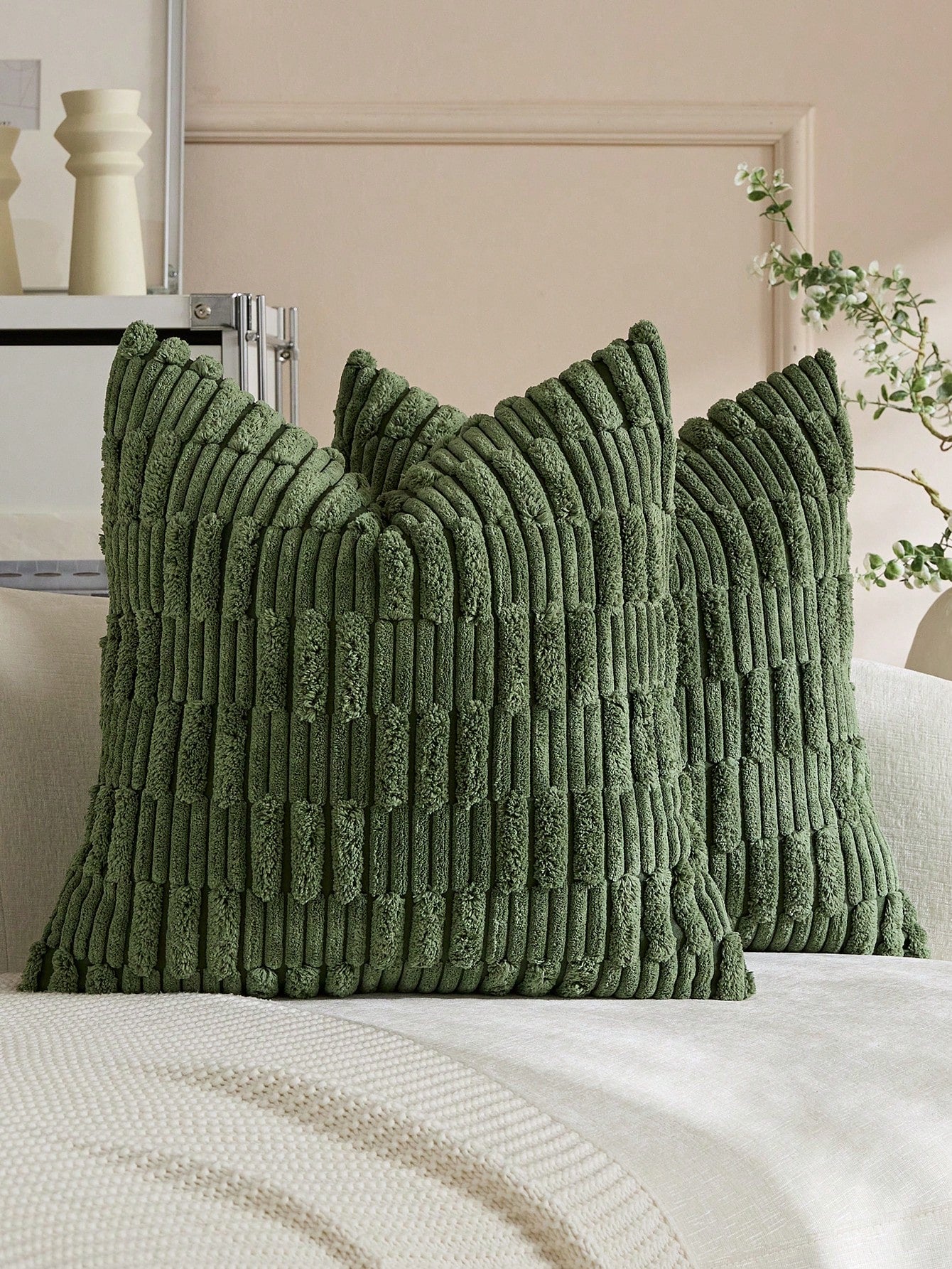 1/2pcs Set Cushion Cover, Matcha Green Corduroy Striped Pattern, Bohemian Decorative Cushion Cover, Sofa Cushion, Sofa Cushion, Decorative Cushion Cover, Office, Living Room