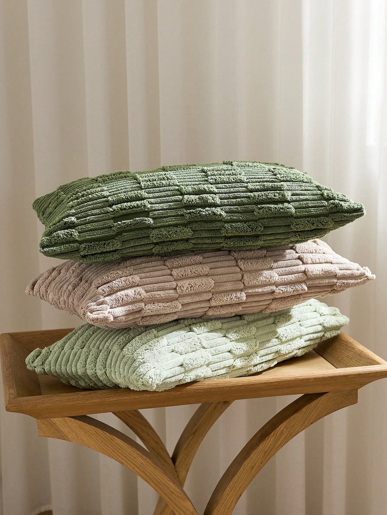 1/2pcs Set Cushion Cover, Matcha Green Corduroy Striped Pattern, Bohemian Decorative Cushion Cover, Sofa Cushion, Sofa Cushion, Decorative Cushion Cover, Office, Living Room