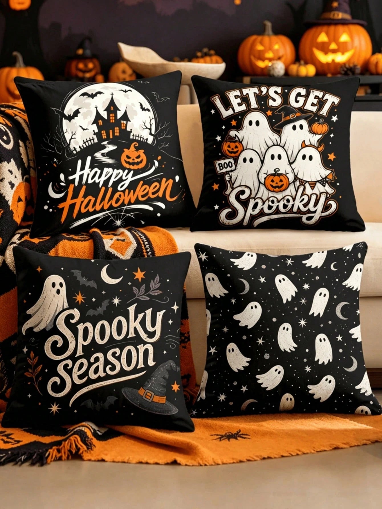 1/4pcs New Halloween Pattern Pillowcase, Halloween-Themed Cushion Cover, Decorative Pillowcase, Square Pillowcase, Halloween Decoration, Decorative Pillow, Suitable For Living Room, Sofa, And Bedroom