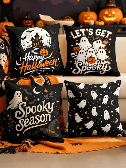 1/4pcs New Halloween Pattern Pillowcase, Halloween-Themed Cushion Cover, Decorative Pillowcase, Square Pillowcase, Halloween Decoration, Decorative Pillow, Suitable For Living Room, Sofa, And Bedroom