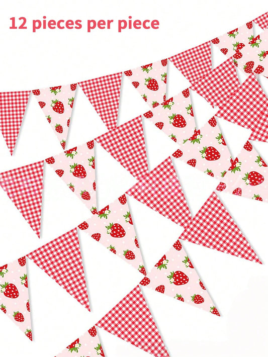 1/4pcs Strawberry Banners- Single-Sided Plaid Strawberry Decorative String Flag Birthday Hanging Flag Strawberry Triangle Flags For Party Decor