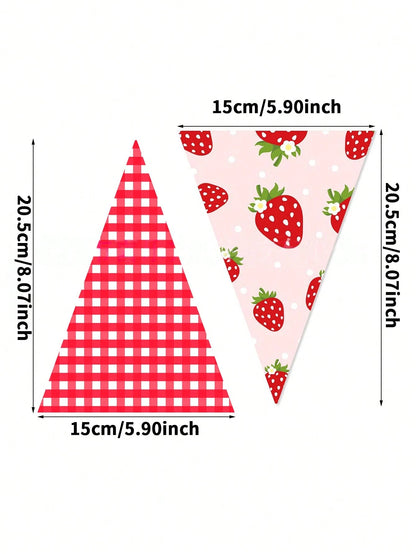 1/4pcs Strawberry Banners- Single-Sided Plaid Strawberry Decorative String Flag Birthday Hanging Flag Strawberry Triangle Flags For Party Decor