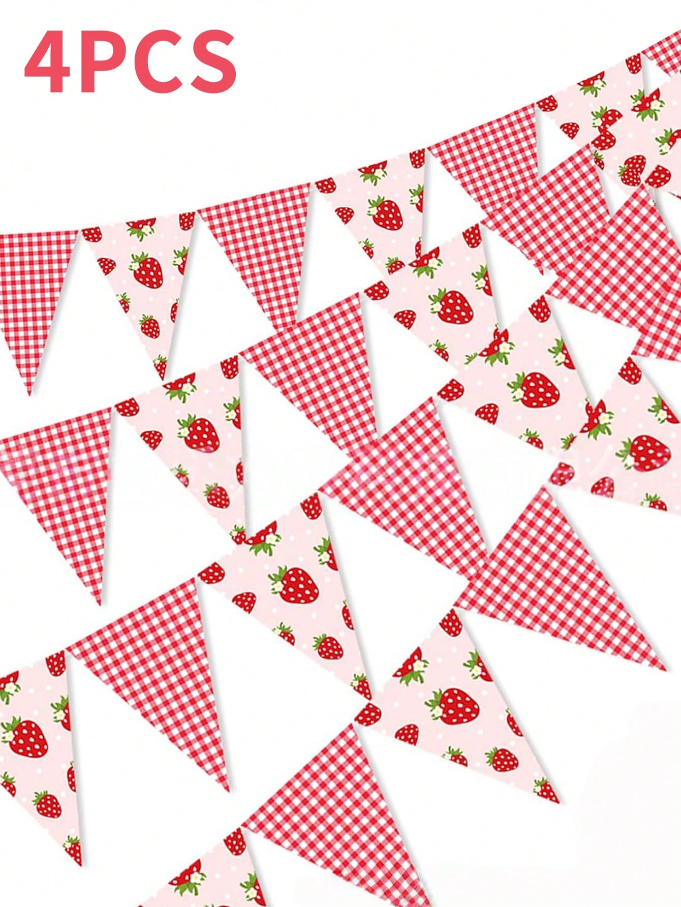 1/4pcs Strawberry Banners- Single-Sided Plaid Strawberry Decorative String Flag Birthday Hanging Flag Strawberry Triangle Flags For Party Decor