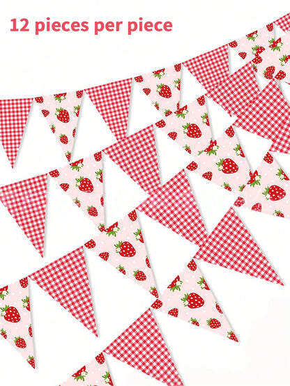 1/4pcs Strawberry Banners- Single-Sided Plaid Strawberry Decorative String Flag Birthday Hanging Flag Strawberry Triangle Flags For Party Decor
