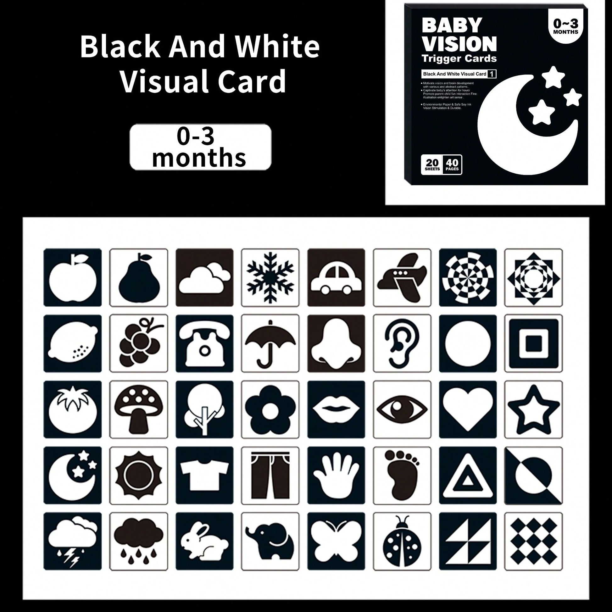 1 Box 20 Sheets 40 Pattern High Contrast Baby Cards, Newborn Visual Stimulation Black And White Cards, Infant Flash Cards, Baby Learning Cards, 0-36 Months