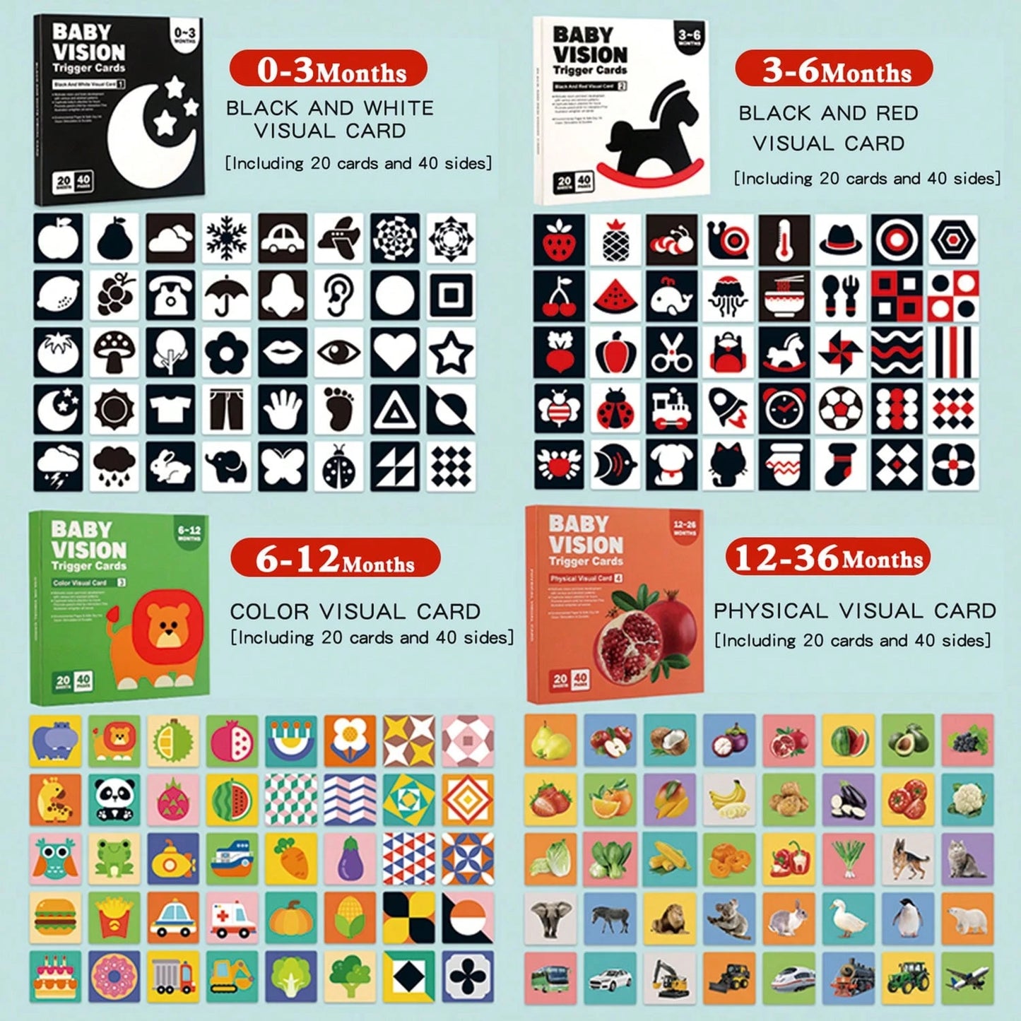 1 Box 20 Sheets 40 Pattern High Contrast Baby Cards, Newborn Visual Stimulation Black And White Cards, Infant Flash Cards, Baby Learning Cards, 0-36 Months