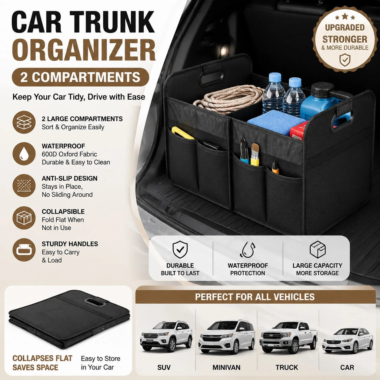 1 Car Trunk Storage Box, Vehicle Storage Container, 6-Pocket Organizer, Car Accessories, Automotive Storage, Luggage Compartment, Trunk