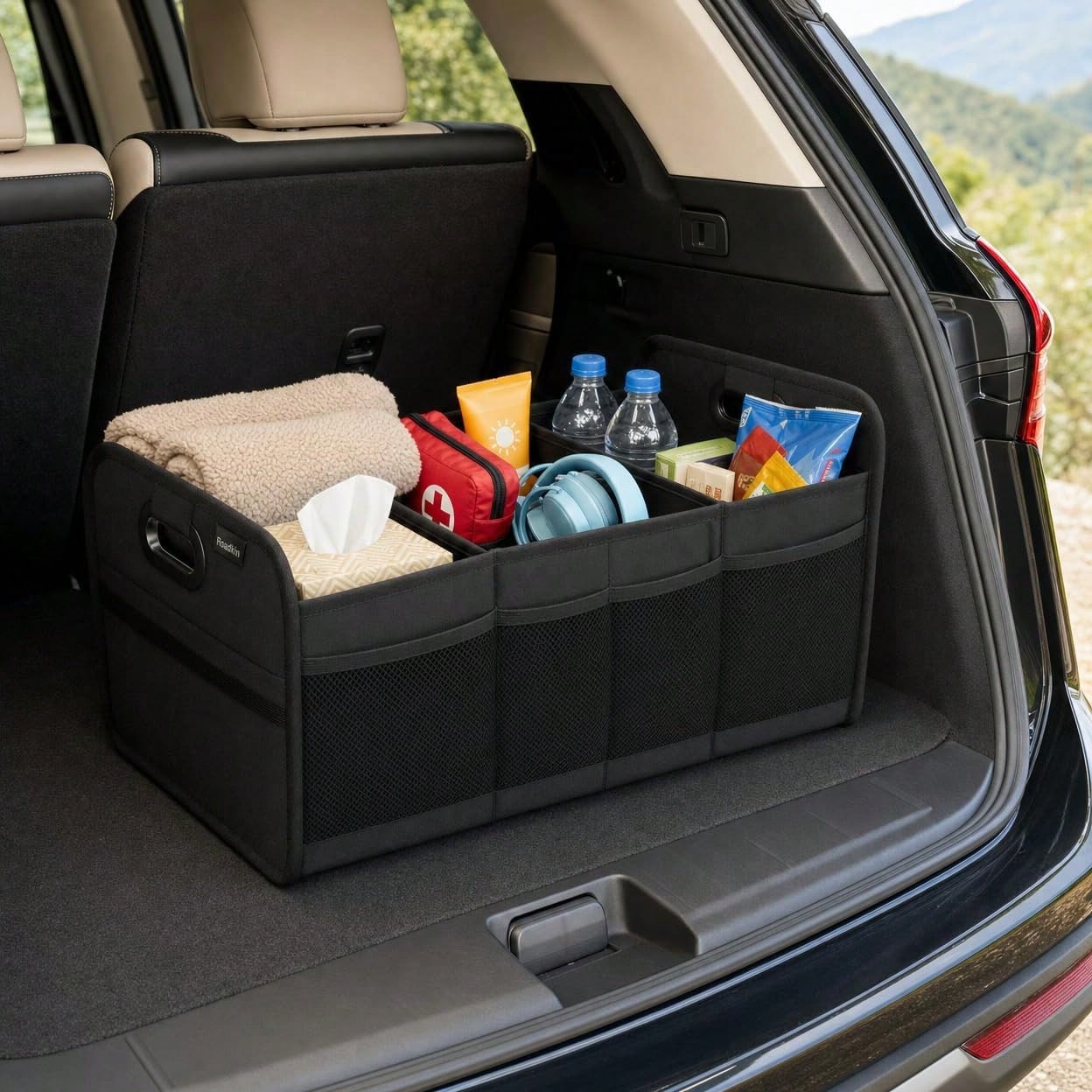 1 Car Trunk Storage Box, Vehicle Storage Container, 6-Pocket Organizer, Car Accessories, Automotive Storage, Luggage Compartment, Trunk