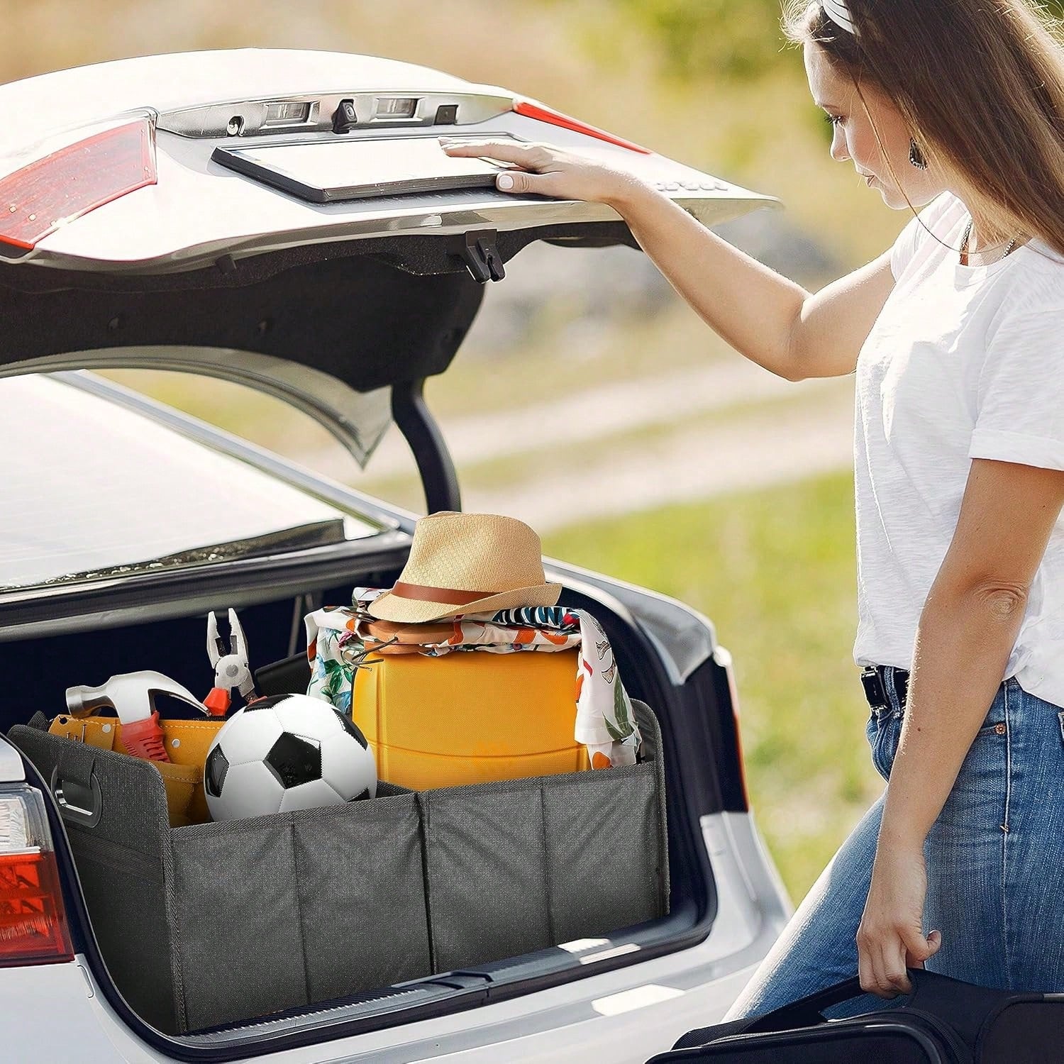 1 Car Trunk Storage Box, Vehicle Storage Container, 6-Pocket Organizer, Car Accessories, Automotive Storage, Luggage Compartment, Trunk