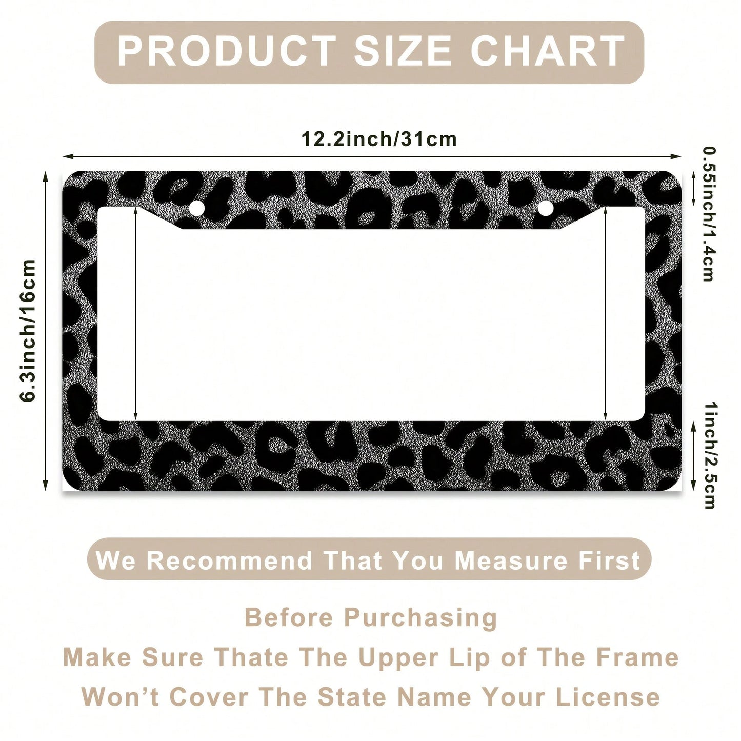 1 Leopard Print Car License Plate Frame, Aluminum License Plate Decorative Cover.This License Plate Holder Is Rust-Proof, Drop-Resistant, Weather-Resistant, And Suitable For Standard American Vehicles