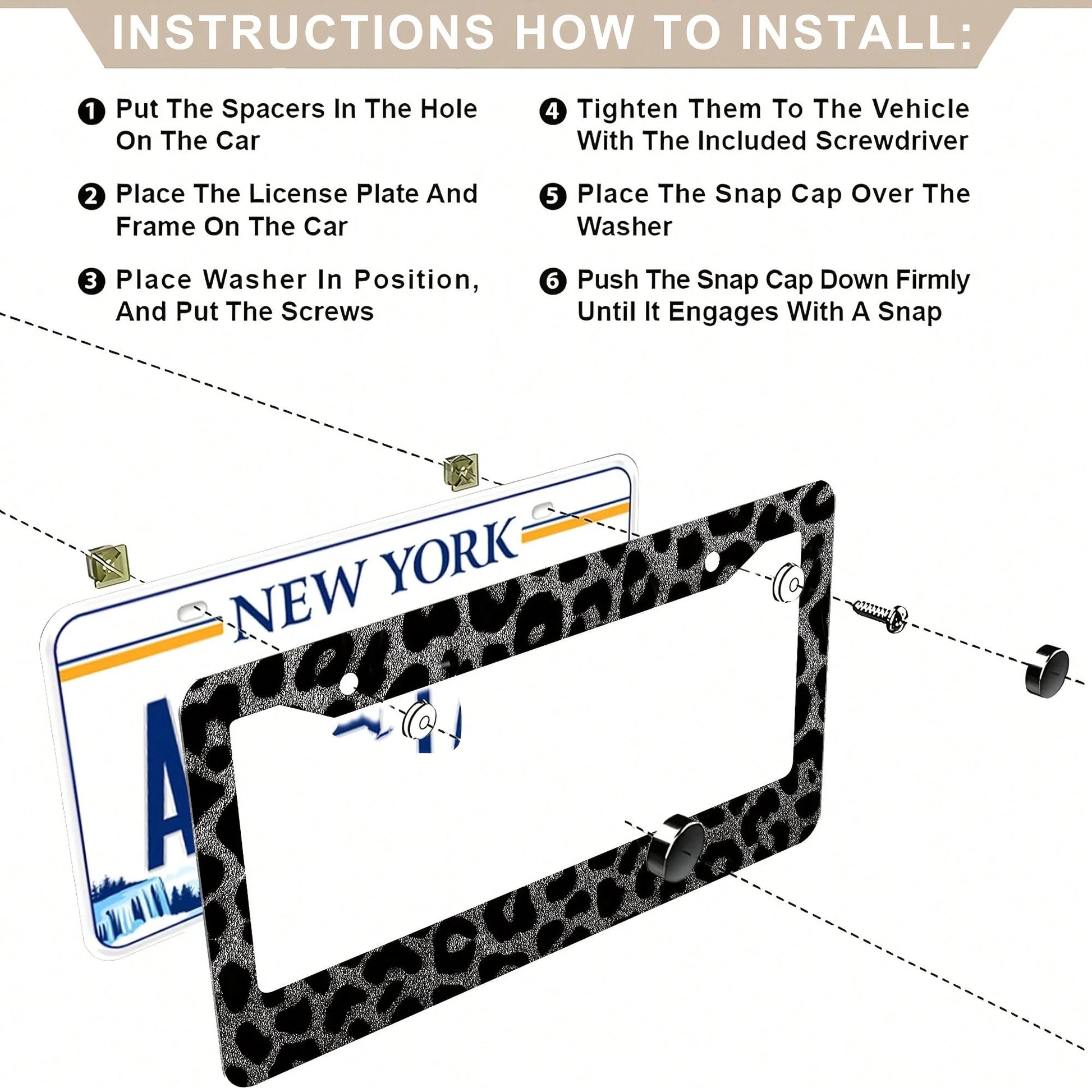 1 Leopard Print Car License Plate Frame, Aluminum License Plate Decorative Cover.This License Plate Holder Is Rust-Proof, Drop-Resistant, Weather-Resistant, And Suitable For Standard American Vehicles