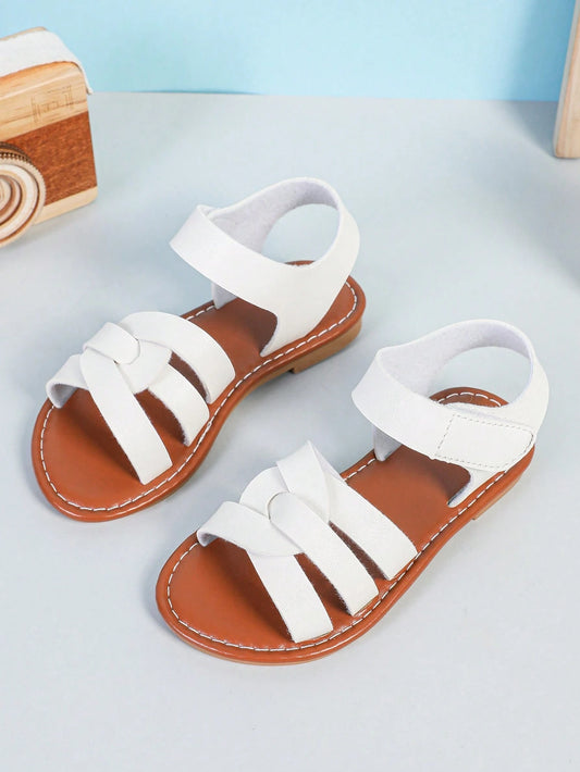 1 Pair Brown Small Size Flat Sandals PU Braided Strap Buckle Hook And Loop Design Round Toe Open Toe Fashionable Cute Flat Sandals Suitable For 3-15 Years Old Girls Daily Casual Wear Spring Summer New