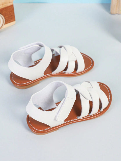 1 Pair Brown Small Size Flat Sandals PU Braided Strap Buckle Hook And Loop Design Round Toe Open Toe Fashionable Cute Flat Sandals Suitable For 3-15 Years Old Girls Daily Casual Wear Spring Summer New