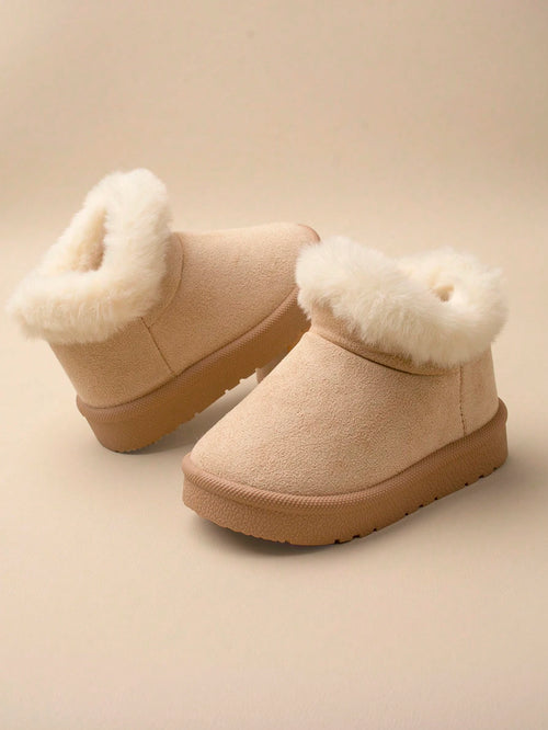 1 Pair Girls' Khaki Fluffy Lining Flat Winter Snow Boots, Comfortable And Warm For Winter Season
