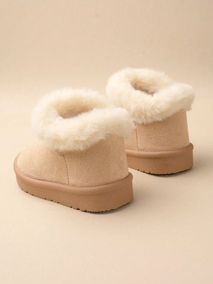 1 Pair Girls' Khaki Fluffy Lining Flat Winter Snow Boots, Comfortable And Warm For Winter Season