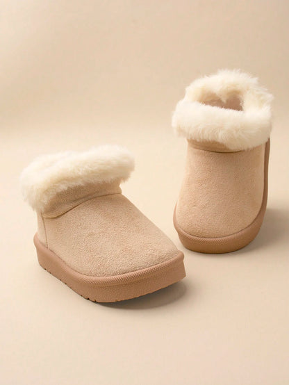 1 Pair Girls' Khaki Fluffy Lining Flat Winter Snow Boots, Comfortable And Warm For Winter Season