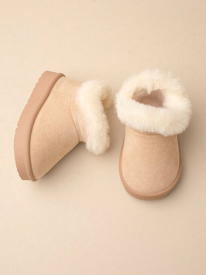 1 Pair Girls' Khaki Fluffy Lining Flat Winter Snow Boots, Comfortable And Warm For Winter Season