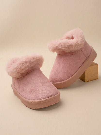 1 Pair Girls' Khaki Fluffy Lining Flat Winter Snow Boots, Comfortable And Warm For Winter Season