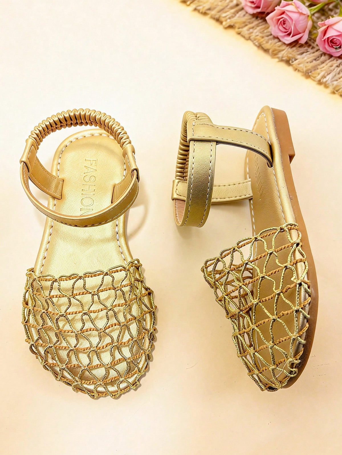 1 Pair Girls' Sandals, Gold Woven Mesh, Children's Bohemian Style Flat Princess Shoes, Suitable For Summer Party, Beach, Daily Wear