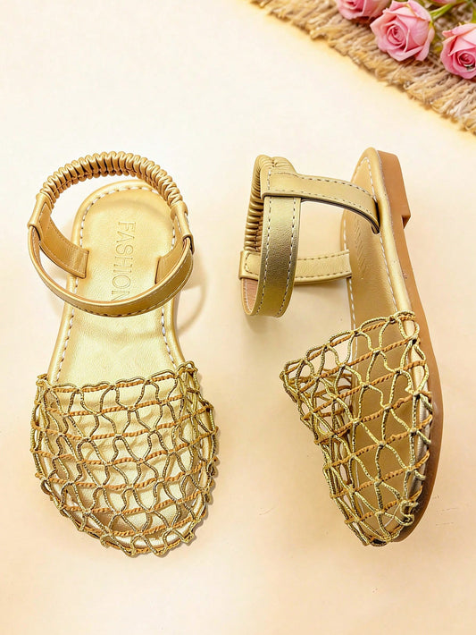 1 Pair Girls' Sandals, Gold Woven Mesh, Children's Bohemian Style Flat Princess Shoes, Suitable For Summer Party, Beach, Daily Wear