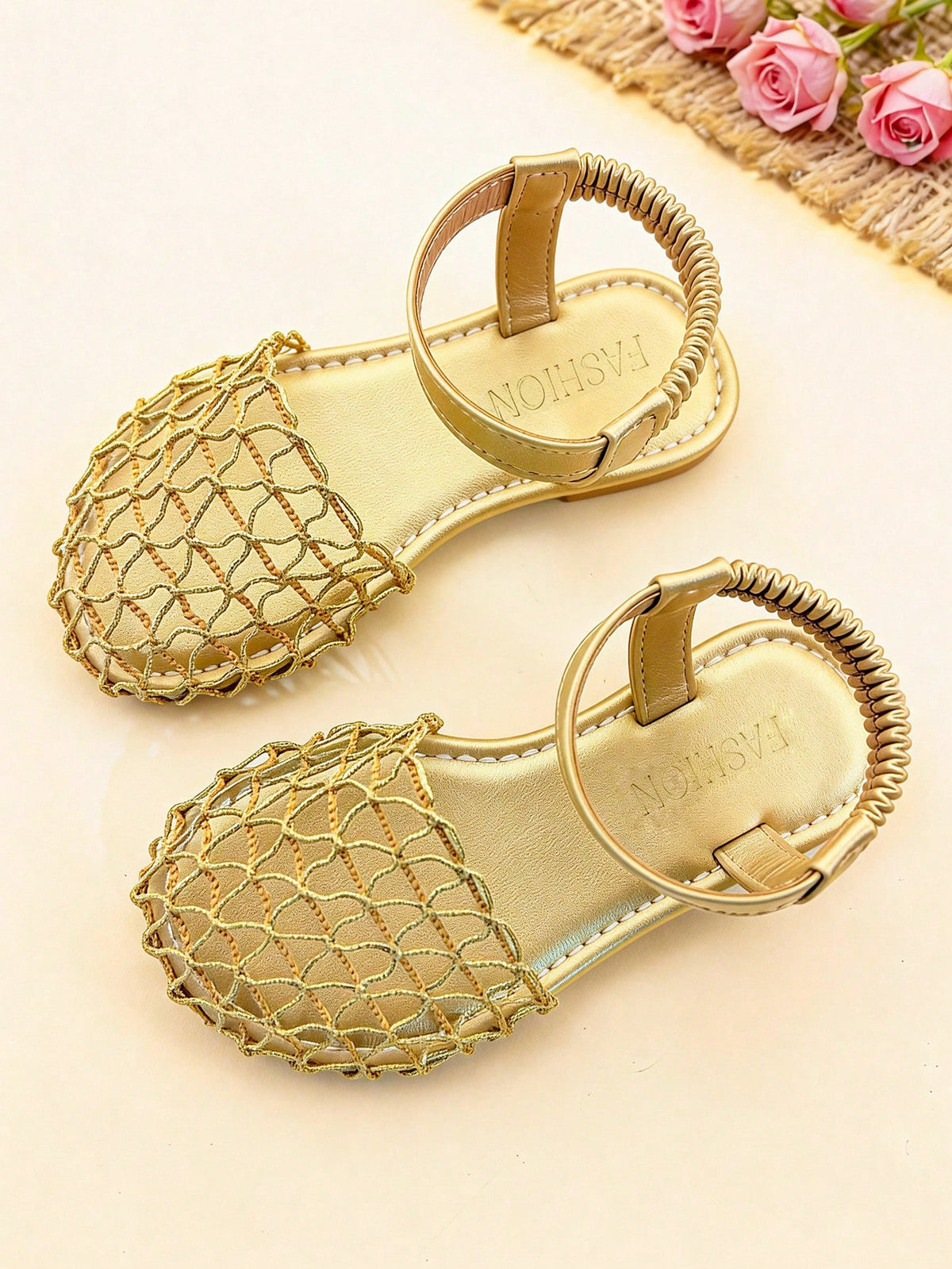 1 Pair Girls' Sandals, Gold Woven Mesh, Children's Bohemian Style Flat Princess Shoes, Suitable For Summer Party, Beach, Daily Wear