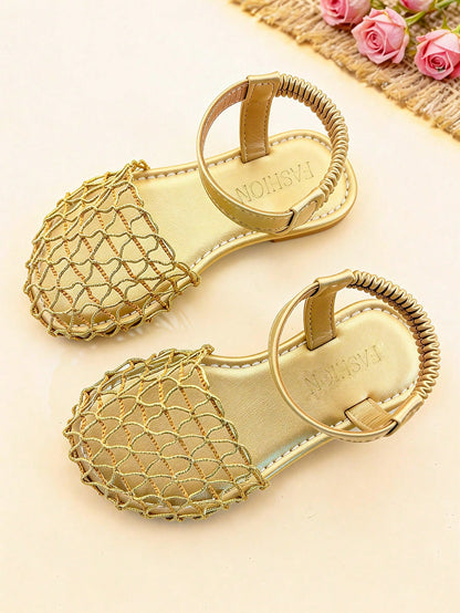 1 Pair Girls' Sandals, Gold Woven Mesh, Children's Bohemian Style Flat Princess Shoes, Suitable For Summer Party, Beach, Daily Wear